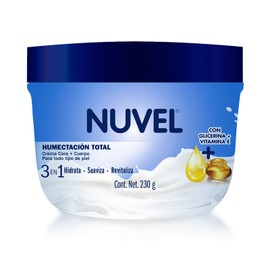 Nuvel Crema 3 en 1 Humectación Total para Cara, Cuerpo y Manos 230g  Con Vitamina E, Glicerina y Aceite de Arándano  Hidratación Multiproposito  Para 