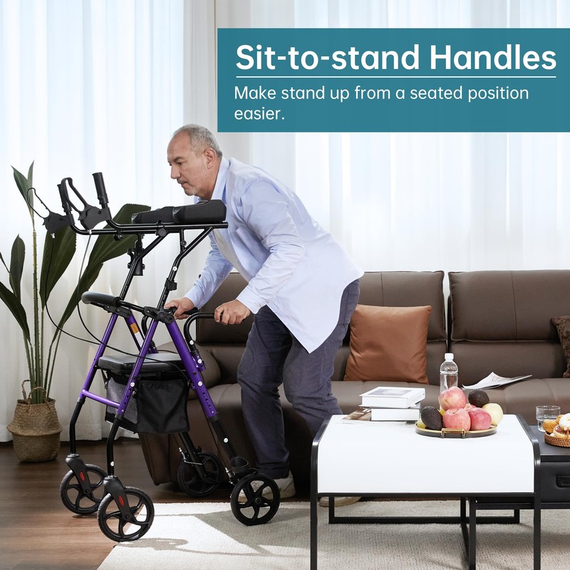 ELENKER Upright Walker, Stand Up Rollator Walker with Padded Seat