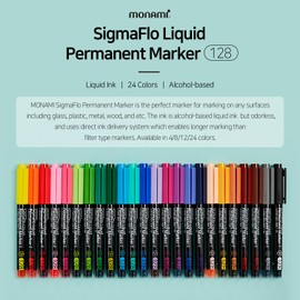 MONAMI SigmaFlo Liquid Permanent Marker 128, Fine Tip (2.0mm), Liquid Ink Direct Delivery System, Assorted Colors, 12-Pack
