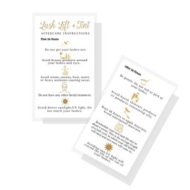 Boutique Marketing LLC Lash Lift + Tint Aftercare Instruction Cards | 50 Pack | 2x3.5â inches Business Card Size | Eyelash Lift and Tint Kit at Home DIY | White with Non-Metallic Gold Color Design