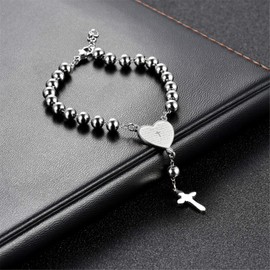 Flonge Latin Cross Rosary Bracelet: Classic Catholic Cross Pendant Bracelet Christian Heart Bible Beaded Bracelet Charm Jewellery Gift Silver