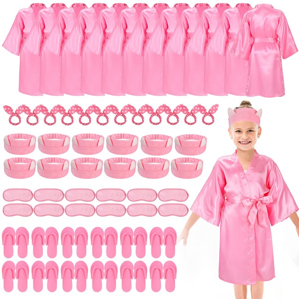 60 Pcs Spa Party Supplies for Girls Satin Kimono Robe Disposable Foam Slippers Eye Mask Spa Headband Bow Hair Band Kid Salon (Pink, 10 Yard)