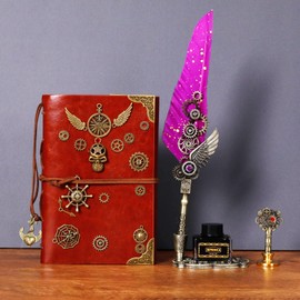 MPRINCE Quill Pen and Ink Set,Quill Pen Ink Set With Quill Pen,Notebook,5 Replaceable Nibs,Seal Stamp,Spoon,Wax Beads,White Wax,Ink,Pen Holder,Cup,Envelope,Letter Paper(purple)