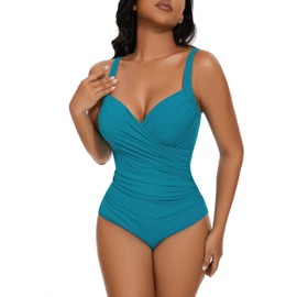 Aqua Regina Plus Size Swimsuit for Women One Piece Bathing Suit Ruched Tummy Control Adjustable Swimwear(Teal,M)