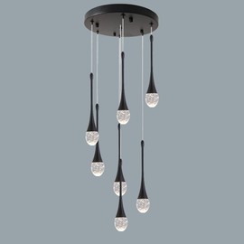 Upfelw Modern Crystal Chandelier 7-Lights Black, H60'' High Ceiling Spiral Dimmable LED Bubble Crystal Raindrop Light Fixture for Foyer Entryway Dining Room Remote Control