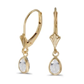 14k Yellow Gold Pear White Topaz Bezel Lever-back Earrings