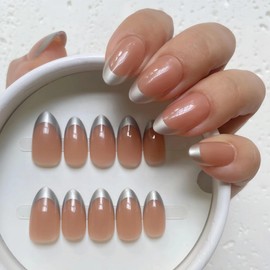 VESWEET Press on Nails – Short Almond Silver French Tip Fake Nails, 30pcs in 15 Sizes, Durable & Reusable Glue-on Nails for Women & Girls, Elegant Design for Any Occasion