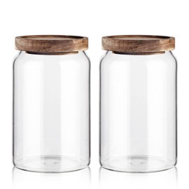Labina Glass Storage Container Airtight Food Jars Kitchen Canister with Wood Lids, 33 Oz Wide Mouth Pantry Organization Glass Jar for Flour, Sugar, Cookie, Spagetti, Nuts and Candy (2 Pack)