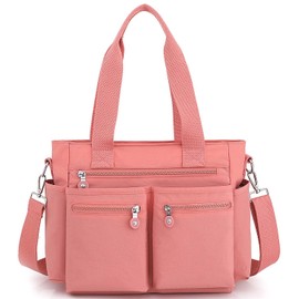 YouNuo Nylon Tote Bag for Women with Zipper, Lightweight Work Tote Bag with Multi Pockets, Waterproof Handbags Shoulder Bag, Large Capacity Crossbody Purse for Work Travel Beach, Pink