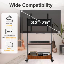 Mobile TV Cart Rolling TV Stand with Large Storage Cabinet and Pegboard Storage for 32-75 Inch Screens, Heavy Duty Portable Floor TV Stand on Wheels, Hold Up to 132 lbs, Max VESA 600x400mm (Black)