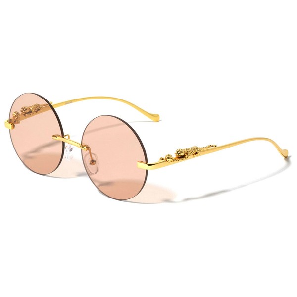 Dweebzilla Jaguar Rimless Round Metal Frame Luxury Sunglasses (Gold Frame,