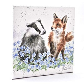 Wrendale Designs Fox and Badger Print on White Square Canvas 20 Centimetre Forget Me Not