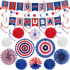4th of July Decorations Set - 250th Anniversary Patriotic Red White Blue Paper Fans, USA Banner, Star Streamer, Pom Poms, Hanging Swirls for American Independence Day Party Decor
