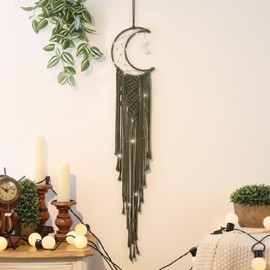 Olive Macrame Moon Dream Catcher, Boho Crescent Phase Woven Wall Hanging with Light, Handmade Unique Bohemian Nursery Decor with Star Ornament Decoration for Home Bedroom, for Girl Kids