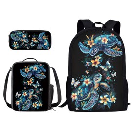 Xoenoiee Sea Turtle and Floral Pattern Back to School Backpack Set of 3 Pack Teens Primary Schoolbag Thermal Lunch Box Pencil Bag 3 in 1 for Boys Girls