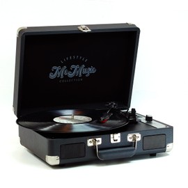 Generic Retro Turntable Suitcase Design Belt Drive 3 Speeds 33/45/78rpm, Built-in Stereo Speakers, USB-C Power Adaptor with RCA Line Out Jack, Aux in, Headphone Jack, USB and SD Card Playback (Black)