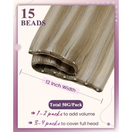 LaaVoo Beaded Weft Hair Extensions Real Hair Extensions Weft Golden Brown with Blonde Micro Beaded Hair Extensions Human Hair Blonde Highlighted 18inch 50g