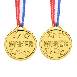 AUERVO 50 Pieces Gold Plastic Winner Medals Kids Children's Party Award Medals with Neck Ribbons for Kids Sports Prizes Party Favors