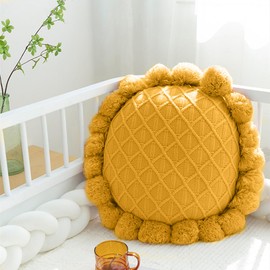 kitletsuit Acrylic Knitted Round Throw Pillow Knitting Bohemian Circular Cushion Pillow with Knit Handmade Pompoms Decorative Ginger Yellow, Diameter 18inches