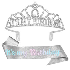 Oblihumoy Birthday Sash & Rhinestone Tiara Set, It’s My Birthday Tiara and Sash for Women Silver Crown Rhinestone Crown