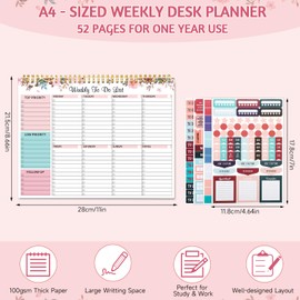 Weekly To Do List Notepad with 52 Undated Sheets, 8.5"×11" Week Desk Planner Undated Weekly Planner with Spiral Bound for Women & Man Home School and Work, Pink
