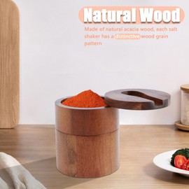 2 Layers Salt and Pepper Bowl with Built in Spoon and Magnetic Swivel Lid Acacia Wood Salt Cellar Container Salt Keeper Holder Dustproof Salt and Pepper Containers for Seasonings Spices Pepper
