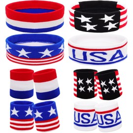 4 Sets American Flag Sports Headband and Wristband Striped Sweatband Headband and Wristband Set 4th of July Sports Sweatbands for Running, Basketball, Exercise