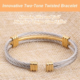 UAIAGM Bracelet for Women Gold and Silver Two Toned Style Stainless Steel Cable Cuff Bracelets Jewelry for Men and Women Adjustable Twisted Cable Bangle