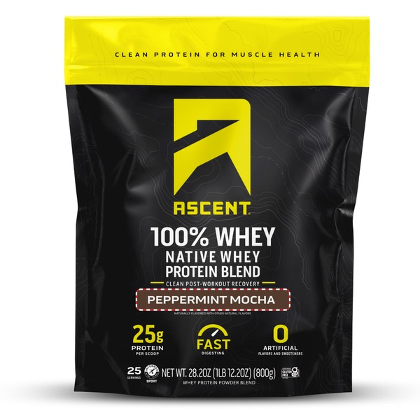 Ascent 100% Whey Protein Powder - Post Workout Whey Protein Isolate, Zero Artificial Flavors & Sweeteners, Gluten Free, 5.5g BCAA, 2.6g Leucine, Peppermint Mocha 1.7 lb