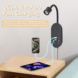 MOLUOLA LIGHTING Wall Reading Light, LED Book Lights for Reading at Night, Wall Lamp with 3 Color Temperature & Timers, Adjustable Gooseneck Headboard Plug in Wall Sconce with USB C+A Ports