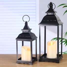 HAVITI 2 Pack Outdoor Lantern for Porch, Black Farmhouse Lanterns Indoor, 17'' 12'' Lantern Decor (no Glass) with 2PCS LED Flameless Candles for Halloween Christmas Wedding Fireplace Table Decor