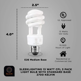 SleekLighting Spiral light bulb - E26 base CFL bulb - CFL Light Bulbs 13 Watt- 3 Pack, 2700 Kelvin for Warm White and 800 Lumens - (65 Watt Incandescent Light Bulb Equivalent) - UL Listed