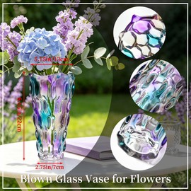 9 inch Tall Colorful Glass Vases for Flowers, Unique Hand Blown Glass Flower Vase, Large Iridescent Purple Vase Table Centerpiece for Floral Bouquet Decorations