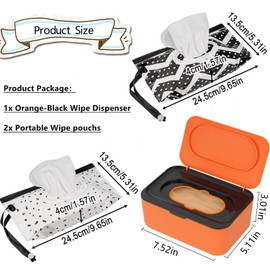 Wipes Dispenser with 2Pcs Portable Refillable Wipe Holder,Reusable Large Wipe Holder Box Flushable Wipes Case Bathroom Wipes Container for Pet Nursery Kitchen Office Counter(Orange-Black)
