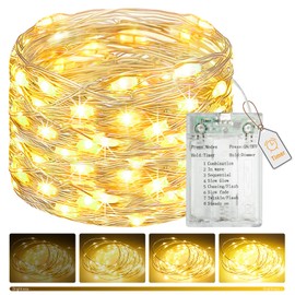 btfarm Fairy Lights Battery Operated with Timer 8 Modes, 16.4 FT 50 LED Silver Wire Twinkle String Lights Battery Powered Dimmable Waterproof for Indoor Home Party Wedding Christmas Decor, Warm White