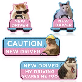 CNhoqc 4pcs Funny Cat New Driver Car Magnet, Cute Shivering Cat Reflective Student Driver Sign for Car Bumper, Cartoon Nervous Cat Caution New Driver Reusable Magnet Sticker for Bumper Safety Sign
