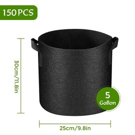 Kuchisity 150 Pack 5 Gallon Grow Bags Bulk, Heavy Duty Plant Grow Pots Nonwoven Plants Bag with Handles, Breathable Plant Growing Bags for Garden Fruit Vegetable Flower - 5 Gallon