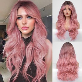 HAIRCUBE Long Pink Wavy Wig for Women Ombre Pink Wig Dark Root 26 Inch with Bangs Curly Wavy Wig Natural Looking Synthetic Heat Resistant Fiber Wig for Daily Party Use （Pink aslc1045-3