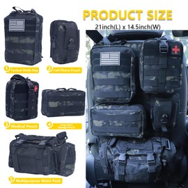Universal Tactical Car Seat Back Organizer Bag Tactical Molle Vehicle Organizers Panel Vehicle Protector Organizers with 5 Detachable Pouches for Car Truck Ford Jeep (Black Camo)