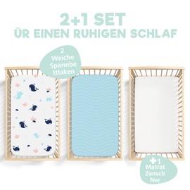 2 x Fitted Sheets Made of 100% Cotton with Elastic Band, 1 x Mattress Protector Made of 100% Waterproof Material, Set of 3, 50 x 83 cm, Ocean