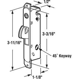 Prime-Line E 2199 Stainless Steel Mortise Lock - Adjustable, Spring-Loaded Hook Latch for Sliding Patio Doors Made of Wood, Aluminum & Vinyl, 3-11/16”, 45 Degree Keyway, Round Face (Single Pack)