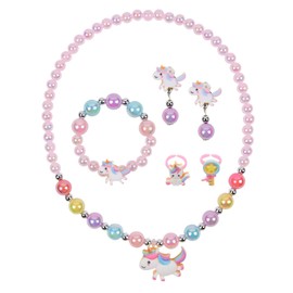 OSDUE 6 Piece Unicorn Jewellery Set Girls, Unicorn Children's Jewellery Includes Necklace, Rings, Bracelets, Earring, Unicorn Children's Jewellery Set for Party Dress Up Gift