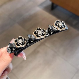 Pack of 2 Hair Clips with Clips, Hair Clip with Crystal Flower Double Bang Hairstyle Hair Pin Clips with 3 Hair Clips Hair Clips Hair Clips for Thick Hair for Women Girls Black