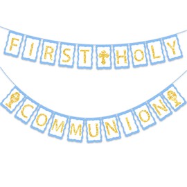 SONSIL First Holy Communion Banner,Baptism decorations for Boys & Girls,First Communion Confirmation Supplies (Blue)