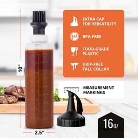 BBQ Basting Bottle W/Silicone Brush for Grilling - Sauce Squeeze Bottle W/Extra Dispensing Cap, Dishwasher Safe, Measurement Markings - 16 oz