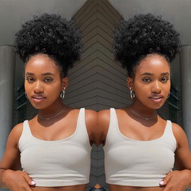 Tmlkhl Afro Puff Drawstring Ponytail For Black Women,Ponytail Extension,Drawstring Ponytail For Black Women,Synthetic Short Afro Kinkys Curly Afro Bun Extension Hairpieces(1b)
