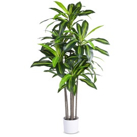 Artificial Dracaena Tree Indoor, 5FT Tall Faux Tree with Natural Wood Trunk and Lifelike Leaves, Tall Artificial Plants Indoor, Fake Plants for Home, Office, Living Room Decor