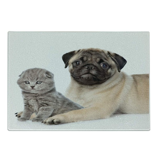 Ambesonne Pug Cutting Board, Cute Young Pets Kitten and Puppy