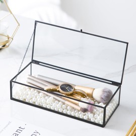 Kendiis Glass Jewelry Box, Vintage Rectangle Black Keepsake Box Organizer Box Vanity Lidded Box Home Decor Accent Decorative Box for Storage Trinket Rings Bracelet