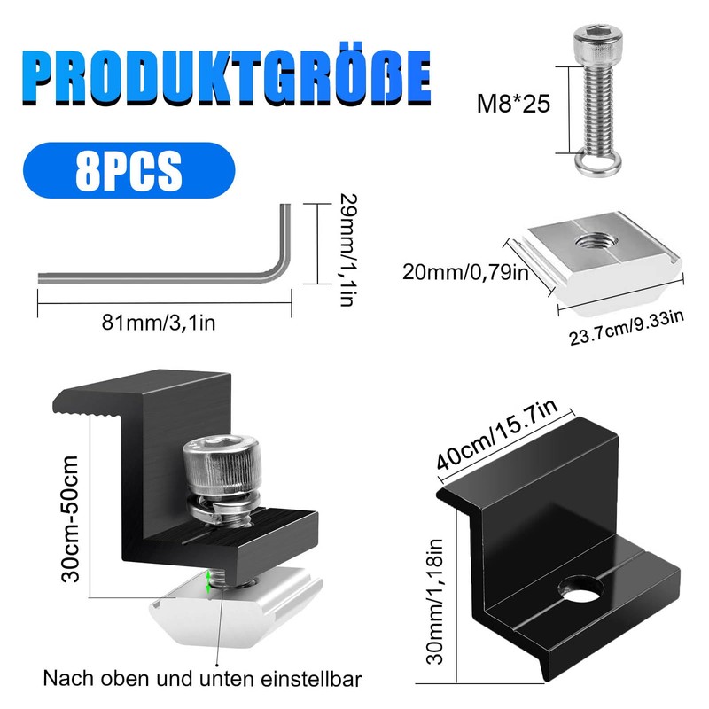 Pack of 8 Solar Panel Bracket End Clamp, 30 mm